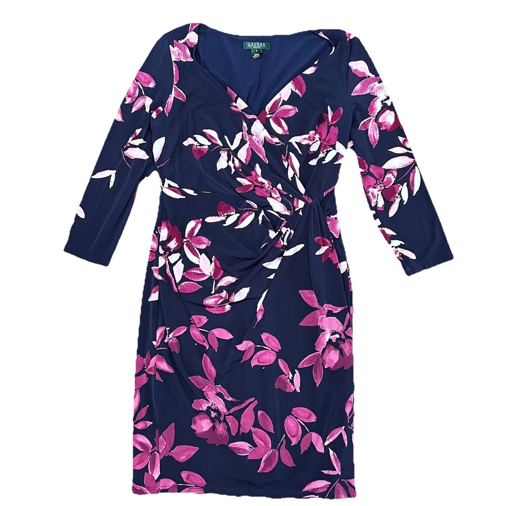 Lauren Ralph Lauren‎ Purple White Floral Ruched V-Neck Shealth Dress Women's 12